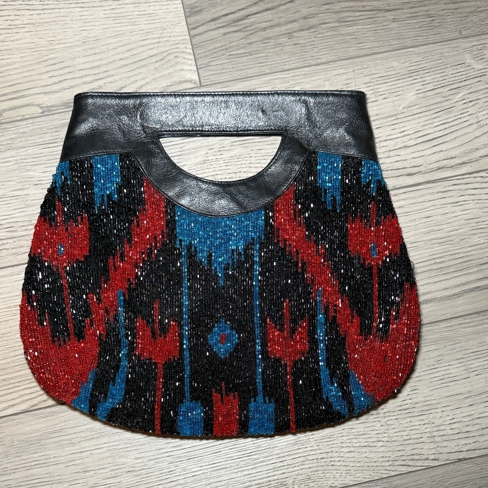 Moyna Vintage Black, Blue & Red Beaded Glitter Women's Bag Purse Clutch Eve Bag - Picture 9 of 11